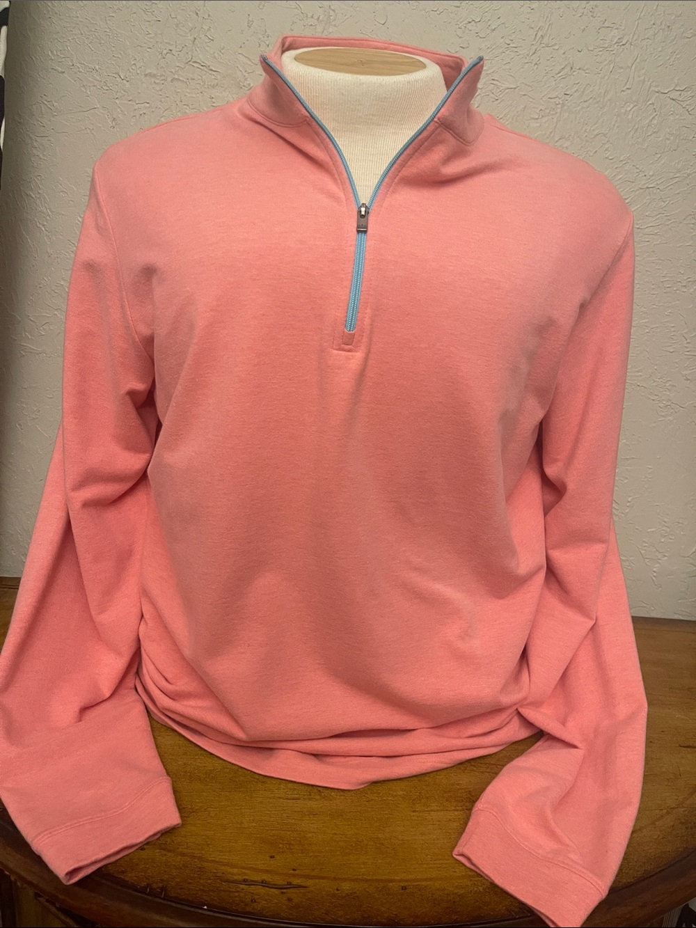 Peter Millar Pink Quarter-Zip Sweater with Light Blue Trim
